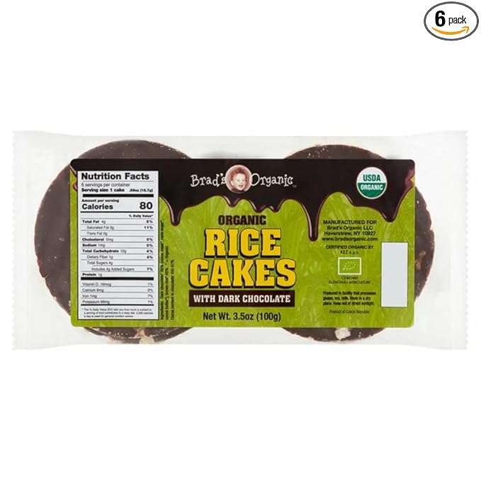 Brads Organic Chocolate Covered Rice Cakes, USDA Organic, Nut Free, Cholesterol Free, Low Sodium, No Salt, 3.5 oz, Pack of 6 (Pack of 6, Dark Chocolate)
