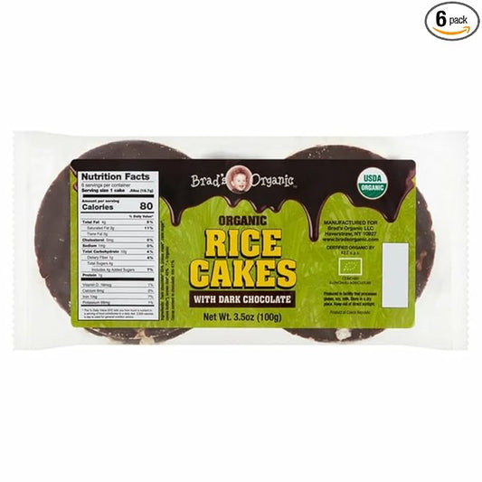 Brads Organic Chocolate Covered Rice Cakes, USDA Organic, Nut Free, Cholesterol Free, Low Sodium, No Salt, 3.5 oz, Pack of 6 (Pack of 6, Dark Chocolate)