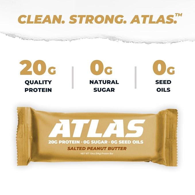 Atlas Real Food Protein Bar – 20g Clean Protein, 0g Sugar, No Seed Oils, No Artificial Sweeteners (Salted Peanut Butter, 12 Count)