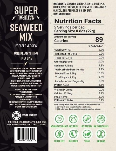 Super Natural Snack Pressed Veggie Crisps - Seaweed Mix 12/1.6 ozbags | 9g Protein | 12 vegetable ingredients | Baked not Fried | Gluten Free | Protein and Fiber | Vegan Plant Based | Non GMO | Kosher | GLP-1 Friendly