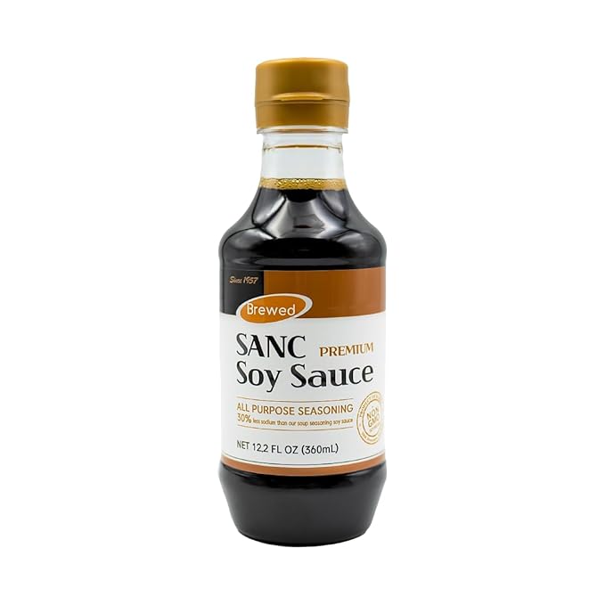 SANC All Purpose Premium Soy Sauce, 12.2 Fl Oz (Upgraded Version) – No high fructose corn syrup, Less-Sodium Salt Substitute, NON-GMO Bean, No Artificial Additives, Naturally Brewed Soy Sauce