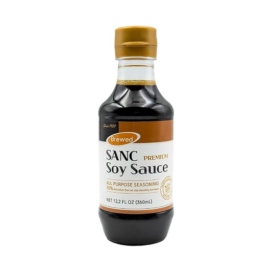 SANC All Purpose Premium Soy Sauce, 12.2 Fl Oz (Upgraded Version) – No high fructose corn syrup, Less-Sodium Salt Substitute, NON-GMO Bean, No Artificial Additives, Naturally Brewed Soy Sauce