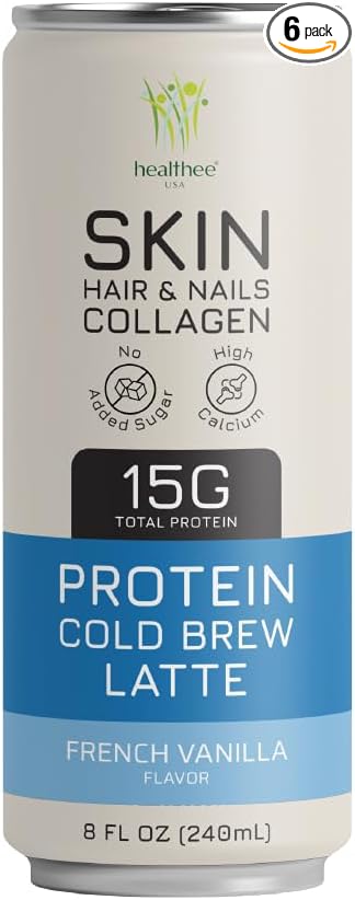 Healthee Protein Collagen Cold Brew Coffee Latte | 15g Protein | Cold Brew Latte | 8 fl oz (Pack of 12, French Vanilla (Skin, Hair, and Nail Collagen))
