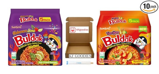 KF GOODIES Korean Ramen Variety Pack Gift Box (10 Count) – Spicy Buldak Noodle Assortment for Birthdays, College Care Packages, Office Snacks, and Gift Baskets