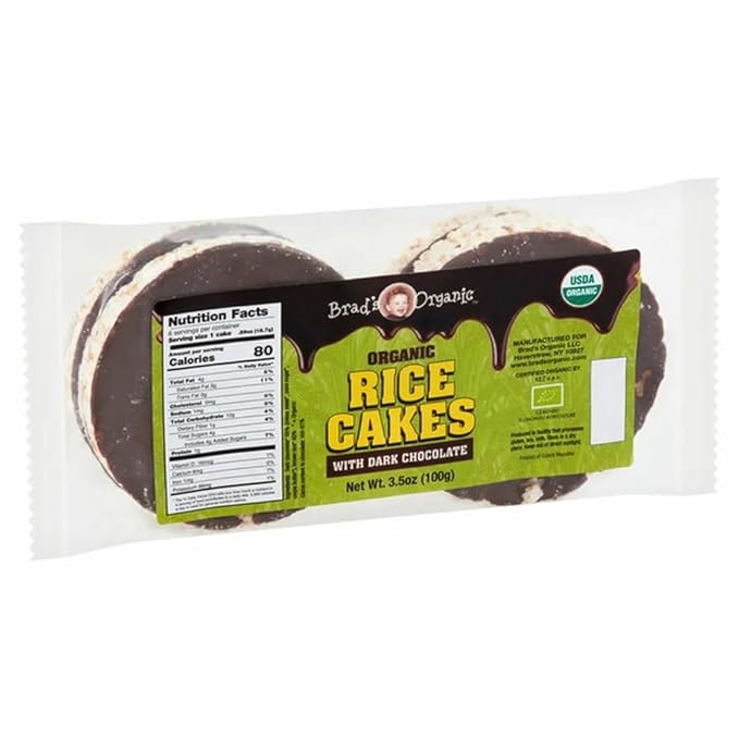 Brads Organic Chocolate Covered Rice Cakes, USDA Organic, Nut Free, Cholesterol Free, Low Sodium, No Salt, 3.5 oz, Pack of 6 (Pack of 6, Dark Chocolate)