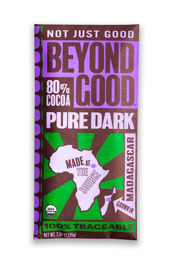 Beyond Good 80% Cocoa Pure Dark Chocolate | 12 Pack - Chocolate Bars | Organic, Direct Trade, Vegan, Kosher, Non-GMO | Single Origin Heirloom Madagascar Dark Chocolate