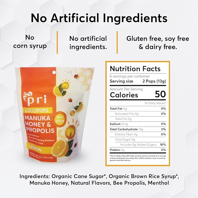 P.R.I Manuka Honey Lollipops with Propolis, Certified MGO 300+ - Throat Soothing, Lemon Flavor, (24 Lollipops, 5.46oz)