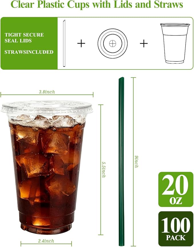 Goodluck 100 Pack 20oz Plastic Cups with Lids and Green Straws, Clear Disposable Iced Coffee Cups, Food Safe Cold Drink Cups for Bubble Tea, Smoothies & Shakes, BPA Free