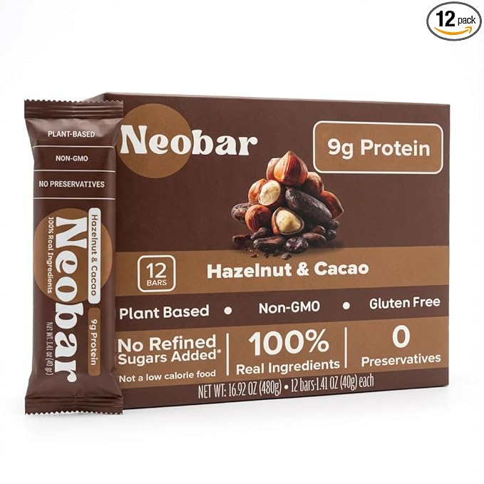 NEOBAR Fruit and Nut Bars - Plant-Based Vegan Snack Bars, Gluten Free Dairy Free Snacks, No Preservatives, No Refined Sugars Added, Non-GMO | Hazelnut & Cacao, 9g Protein,12 Count