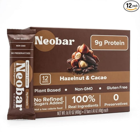 NEOBAR Fruit and Nut Bars - Plant-Based Vegan Snack Bars, Gluten Free Dairy Free Snacks, No Preservatives, No Refined Sugars Added, Non-GMO | Hazelnut & Cacao, 9g Protein,12 Count