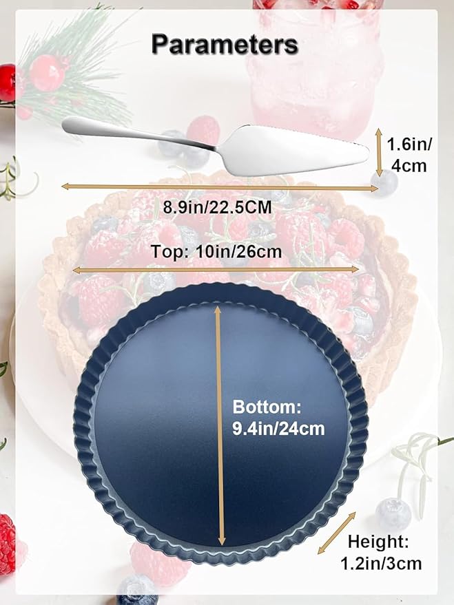 Yamteck 10 Inch Round Quiche Pans with Pie Server. Removable Bottom, Non-Stick Coating, Rugged Carbon Steel for Tart Quiche Pie Cake Baking. Gift for Women Wife Christmas Thanksgiving Party Festival