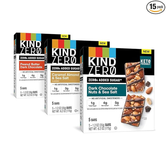 KIND ZERO Added Sugar Bars, Variety Pack, Dark Chocolate Nuts & Sea Salt, Caramel Almond & Sea Salt, Peanut Butter Dark Chocolate, Keto Friendly Snacks, Gluten Free, 5g Protein, 15 Count