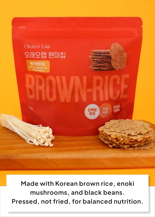 Korean Food Oraeo-Lab Korean Brown Rice Chips with Enoki Mushroom – Vegan Pressed Snack, Not Fried | Healthy Plant-Based Crisps, 170g (6 oz) Bag, 팽이버섯 현미칩