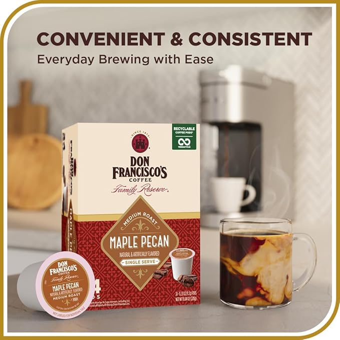 Don Francisco's Maple Pecan Flavored Coffee Pods, 24 Count, Medium Roast, Compatible with Keurig Brewers