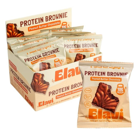 Elavi Peanut Butter Chocolate Protein Brownie, 10g Protein, 10g Fiber, Non-Dairy, Vegan & Gluten Free, Guilt-Free Snack | No Added Sugar, No Sugar Alcohols, Kid Friendly (8 pack)