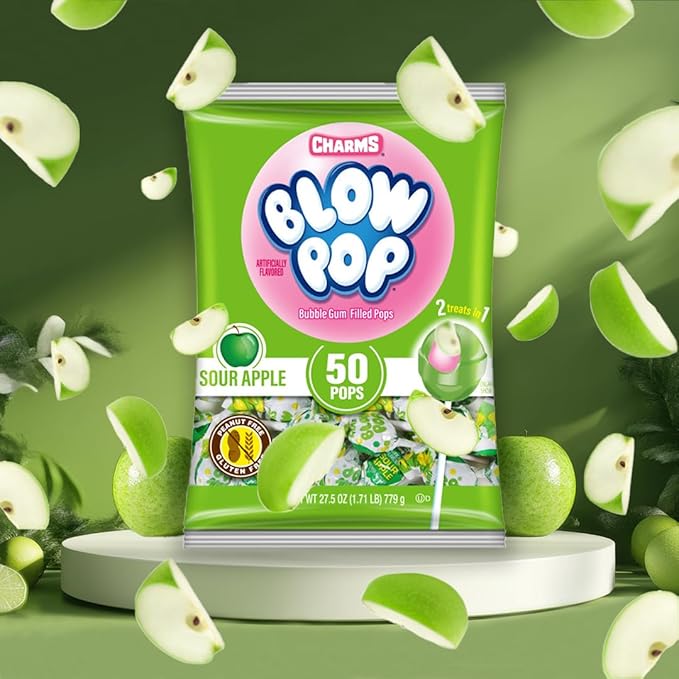 Charms Blow Pop Single Flavor Bag - Sour Apple Flavored Lollipops with a Bubble Gum Center - Individually Wrapped Hard Candy - Green Candy - Peanut Free, Gluten Free, 50 Count (Pack of 1)