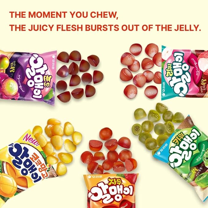 Korean Fruit Jelly Candy – Assorted Chewy Gummy Snacks – 5 Fruity Flavors (Grape, Plum, Lychee, Kiwi, Mango) – Individually Wrapped – Perfect for Kids & Adults – 알맹이젤리 (Plum–2.86oz(81g) × 4pack)
