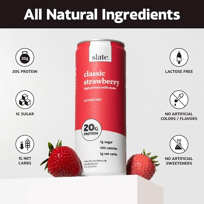 Slate Milk - High Protein Milk Shake - Classic Strawberry - Lactose Free, 20g Protein, 1g Sugar, 100 Calories, 1g Net Carbs, No Added Sugar - Natural, Breakfast Boost, Post Workout - 11 fl oz, 24 Cans