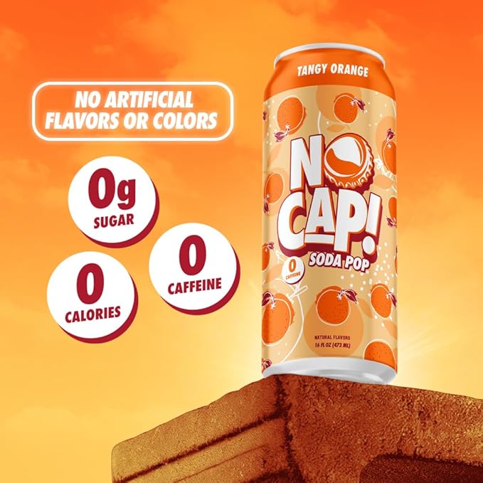 No Cap! Healthy Soda Alternative, Natural Allulose, Zero Sugar, Zero Calorie, Caffeine Free, | Hydrating Electolytes, Natural Flavors 16 oz. (Orange)