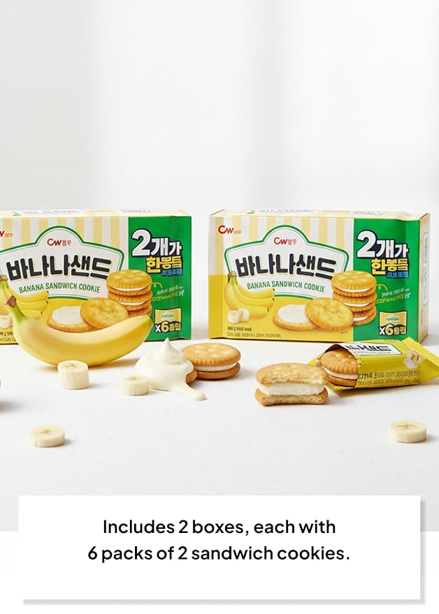 Korean Food CW Banana Sandwich Cookies, Sweet Banana Cream Biscuits, 1+1 Family Pack (6 Packs x 2, 12 Packs Total, 360g / 12.7 oz Total), Crispy Korean Snack