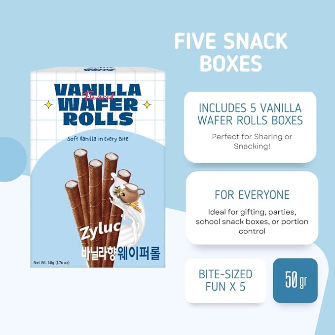 Zyluc Vanilla Wafer Rolls – Crispy Cream-Filled Cookies, Vanilla-Flavored Snack, Portion-Controlled 200 Cal Treat, No Cholesterol or Trans Fat, Premium Dessert Pack, 50g x 5 Boxes