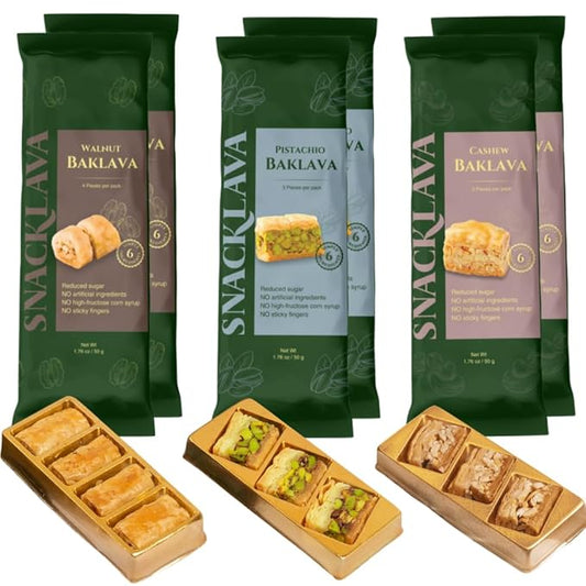 Snacklava Baklava Variety Pack (34 Pieces) - 2 Pistachio Baklava (6 Pieces), 2 Cashew Bakava (6 Pieces), 2 Walnut Baklava (8 Pieces) - No Artificial Ingredients, Colors or Preservatives - Premium Handmae Pastries