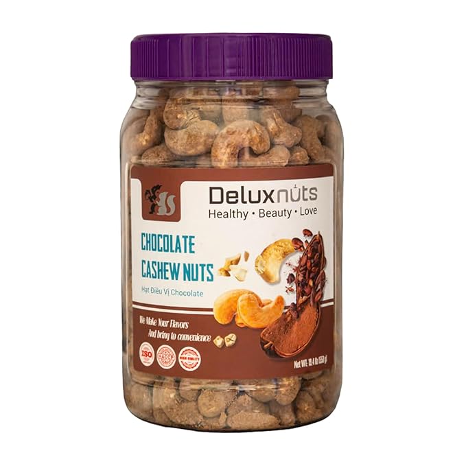 DELUXNUTS Premium Roasted Chocolate Covered Cashew Crunch 21oz | Cocoa Dusted & Chocolate Cashews Gift, Whole Cashew Nuts Snack Mix, Healthy Gourmet Snack for Adults, High Protein, Gluten-Free, Premium Holiday Gift Idea