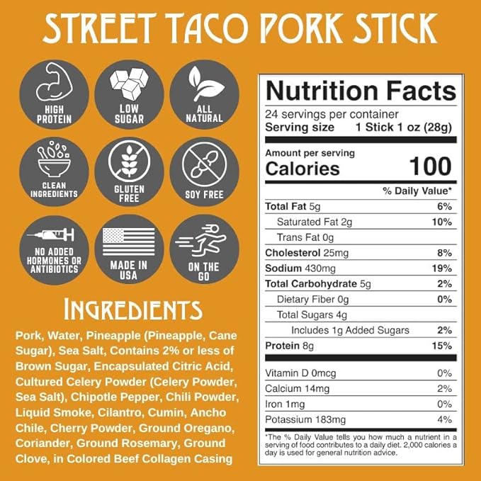 Righteous Felon Meat Sticks | 100% Pork Sticks | Keto, Gluten-Free, Low Sugar, High Protein Healthy Snacks | Valentines Day Jerky Gifts for Men | Street Taco Pork Sticks, 24 Count