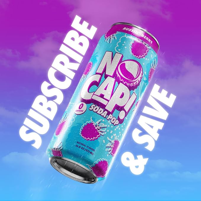 NO CAP! Next Gen Soda Pop with Zero Sugar, Zero Calories and Electrolytes for Hydration, Naturally Flavored Caffeine-Free Soda, Vegan & Gluten-Free, 16 oz Cans (Bussin Berry)
