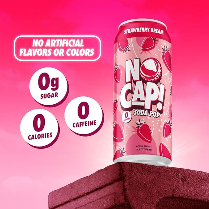 No Cap! Healthy Soda Alternative, Natural Allulose, Zero Sugar, Zero Calorie, Caffeine Free, | Hydrating Electolytes, Natural Flavors 16 oz. (Strawberry Drean)