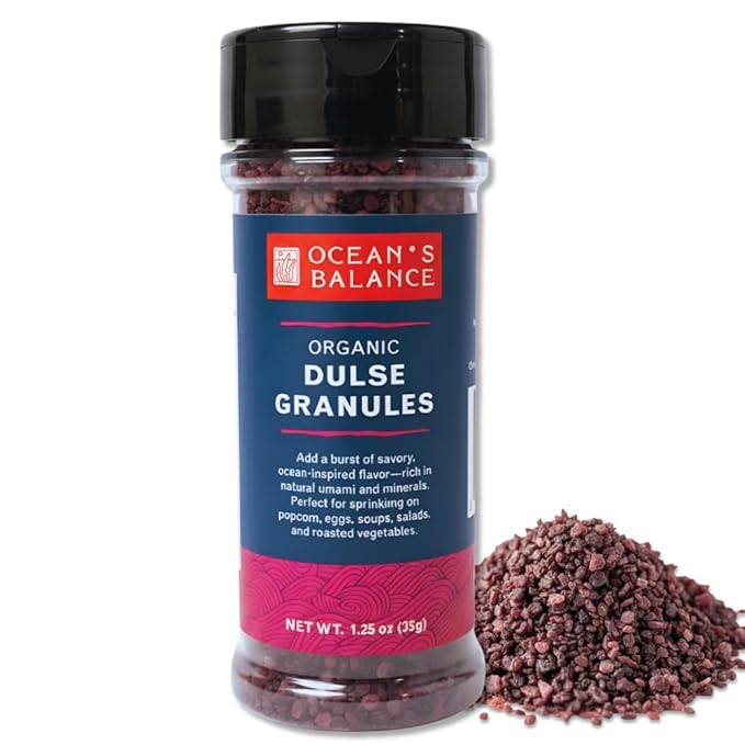 Ocean's Balance Dulse Granules – Iron & Minerals,Soup Topping Seaweed,Seaweed for Ramen,Salad & Snacks– Atlantic Dulse Flakes – Vegan, Gluten-Free, Paleo & Keto Friendly (1.25oz)