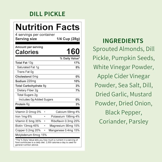 Daily Crunch Sprouted Almonds and Dehydrated nuts for a Unique Crunch, Keto Friendly, Non-GMO Zero Seed Oils, Gluten Free, 4oz (2 Pack, Dill Pickle)