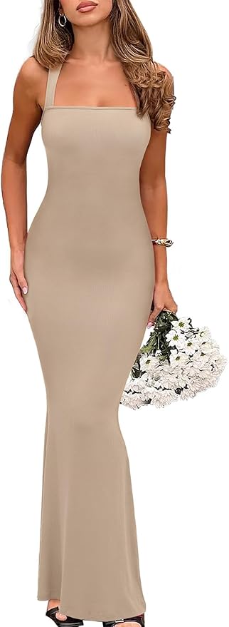 REORIA Sexy Square Neck Sleeveless Elegant Ribbded Long Maxi Dress Wedding Guest Dresses for Women 2026 Summer