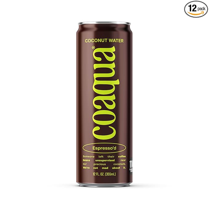 Coaqua Espresso’d Coconut Water (12 pack), Natural Caffeine Energy Drink with Electrolytes for Hydration & Focus – Zero Fat, Gluten-Free, Coconut Water with Espresso - 12 fl oz Cans
