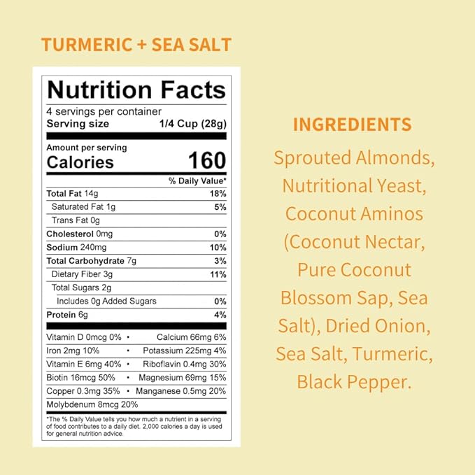 Daily Crunch Sprouted Almonds and Dehydrated nuts for a Unique Crunch, Keto Friendly, Non-GMO Zero Seed Oils, Gluten Free4oz (2 Pack, Turmeric + Sea Salt)