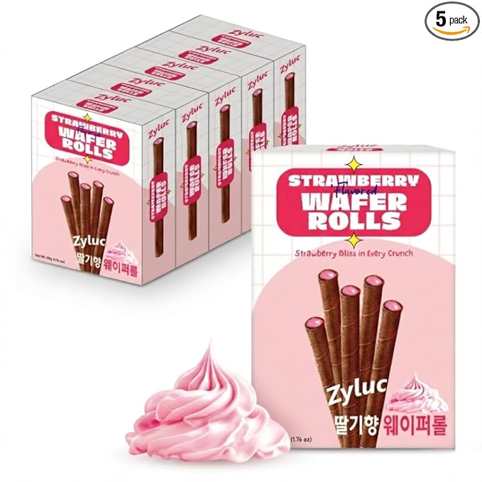 Zyluc Strawberry Wafer Rolls – Crispy Cream-Filled Cookies, Sweet Strawberry-Flavored Snack, 200 Calorie Portion Pack, No Cholesterol, Zero Trans Fat, Premium Treat (50g x 5 Boxes)