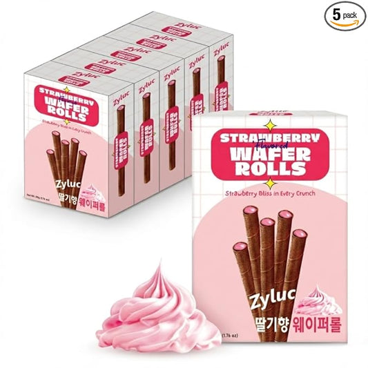Zyluc Strawberry Wafer Rolls – Crispy Cream-Filled Cookies, Sweet Strawberry-Flavored Snack, 200 Calorie Portion Pack, No Cholesterol, Zero Trans Fat, Premium Treat (50g x 5 Boxes)