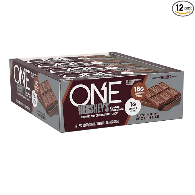 ONE Protein Bars, NEW Hershey's Double Chocolate, Gluten Free with 18g Protein and 3g Sugar, Pantry Staples 2.12 oz (12 Pack)
