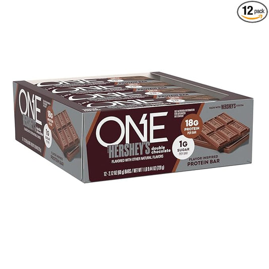 ONE Protein Bars, NEW Hershey's Double Chocolate, Gluten Free with 18g Protein and 3g Sugar, Pantry Staples 2.12 oz (12 Pack)