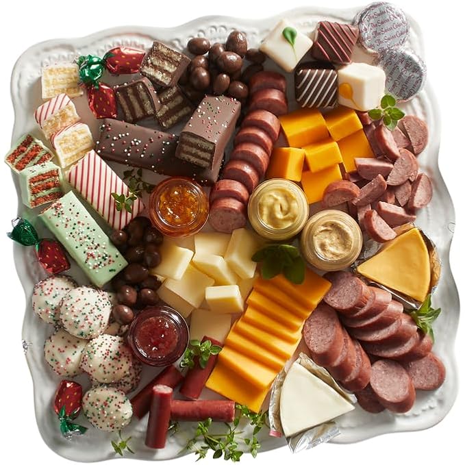 2 Red Gift Boxes - The Swiss Colony 27 Favorites Food Gift Set, Summer Sausage Meats and Cheeses, Assorted Chocolates, Candies, Petits Fours, Cheese & Charcuterie Board Gifts Basket, Holiday Christmas