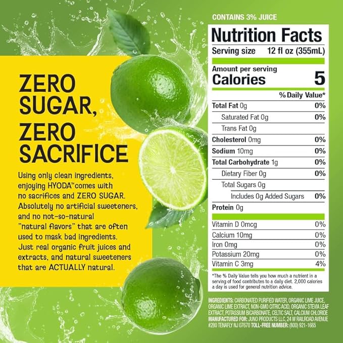 HYODA Limeade Soda, Gluten Free and Vegan Sparkling Electrolyte Drink, Made with Organic Lime Juice, Celtic Salt, and Calcium, Keto, Zero Sugar, Plant Based, Caffeine Free, 12 FL OZ Cans, 12 Pack