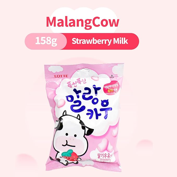 COELO MalangCow Strawberry Milk Chewy Candy 5.5oz (158g), Fresh Fruit Flavor Soft Candies, Korean Sweet Treats K-Food, Christmas Halloween Party Gummies, K-Snack Individual Wrapped On-The-Go