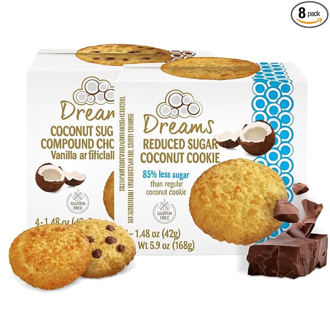 Dreams Coconut Cookies – 2 Boxes (8 Cookies Total) | Chocolate Chip & Plain Coconut Flavors | Gluten-Free, High Fiber, Non-GMO | Guilt-Free Wholesome Snack | Artisanal Recipe | 11.8oz