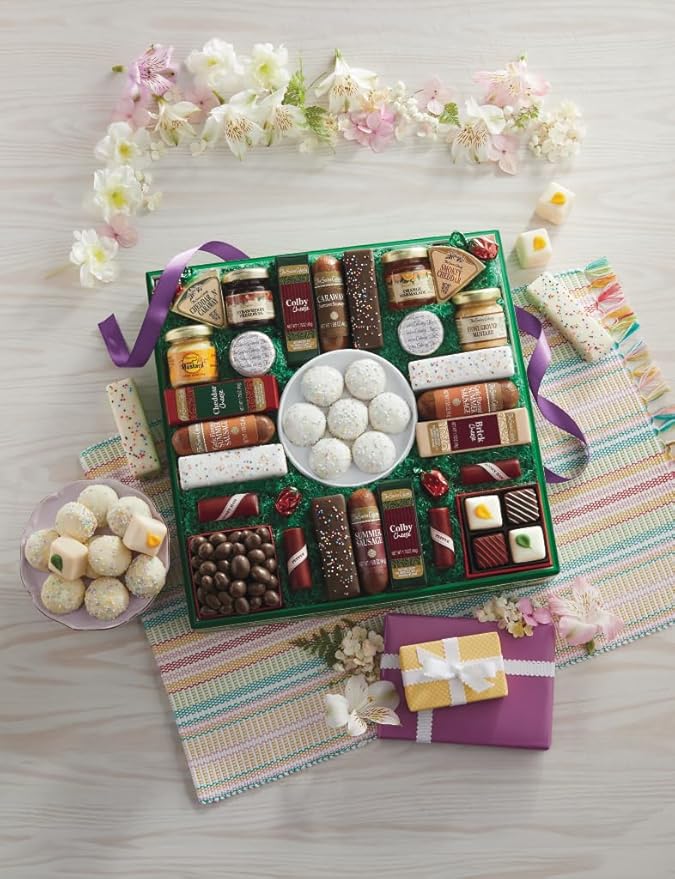 The Swiss Colony 27 Spring Favorites + 36 Happy Easter Petits Fours Gift Bundle - Summer Sausage Meats and Cheeses, Petits Fours Cakes