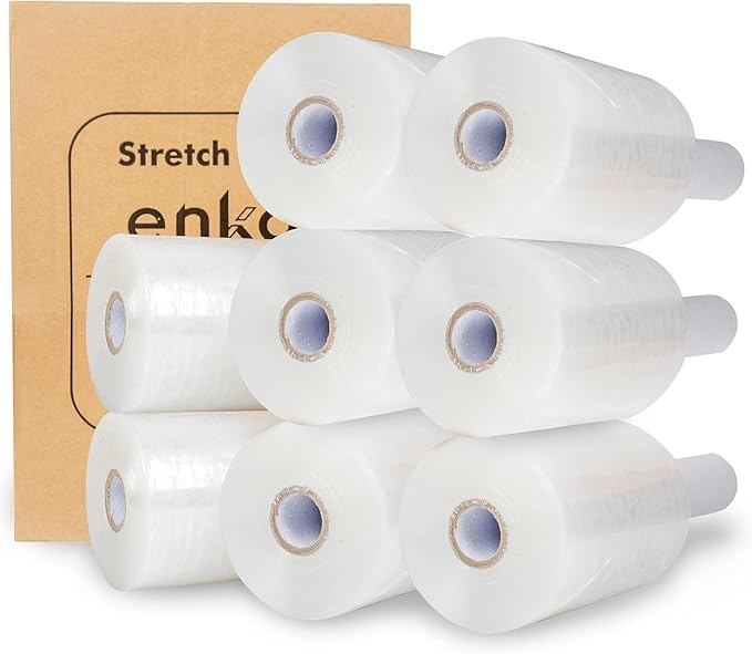 enKo 8 Pack 5" Mini Roll Stretch Film with Easy Grip Handle (8000ft | 1000ft/Roll) - Includes 800pcs Fragile Labels