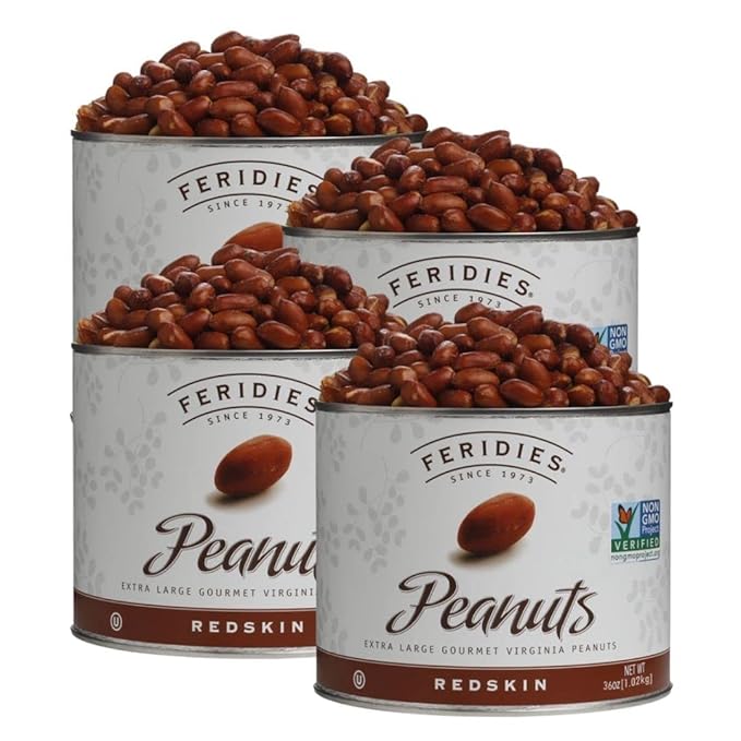 FERIDIES Skin On Extra-Large Salted Virginia Peanuts Cooked in Peanut Oil, Non-Gmo, Kosher 36oz Pack of 4