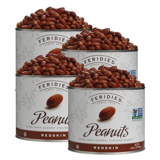 FERIDIES Skin On Extra-Large Salted Virginia Peanuts Cooked in Peanut Oil, Non-Gmo, Kosher 36oz Pack of 4