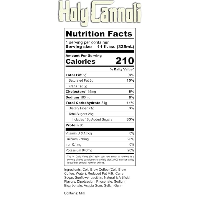 Bones Coffee Company Holy Cannoli Latte Baked Cannoli Flavored Coffee, Medium Roast Ready To Drink Iced Coffee in Can, 11 Fl Oz Can (12 Pack)