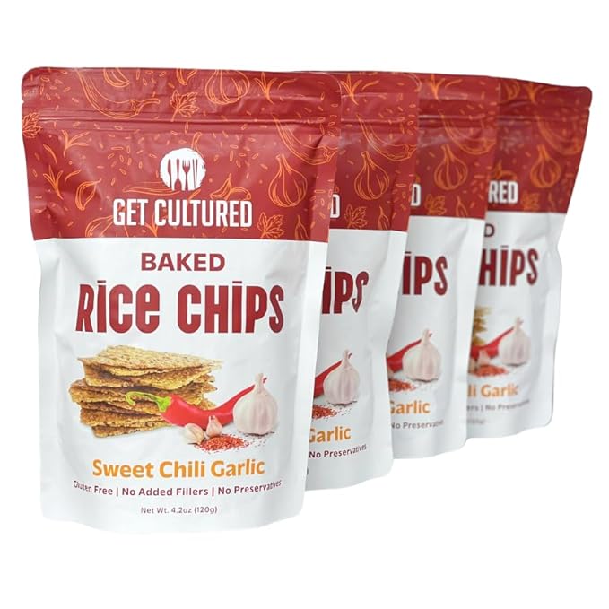 Get Cultured Sweet Chili Garlic Baked Rice Chips, Crispy and Crunchy Rice Chip Snack – Gluten & Dairy Free, No Preservatives – Healthy Snack Pack for Adults and Kids | 4.2 Oz Resealable Bag (4Pack)