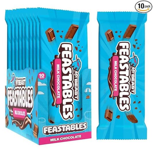 Feastables MrBeast Milk Chocolate Chocolate Bar, King Size Candy Bar for Adults & Kids, Candy Bars for Snacks, Gifts, or Dessert, Sweet & Creamy Fairtrade Cocoa, 2.1 Oz Each, 10 Count